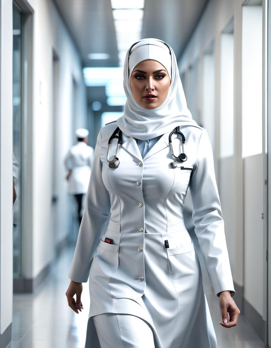 Woman in Hijab Running in Hospital Corridor