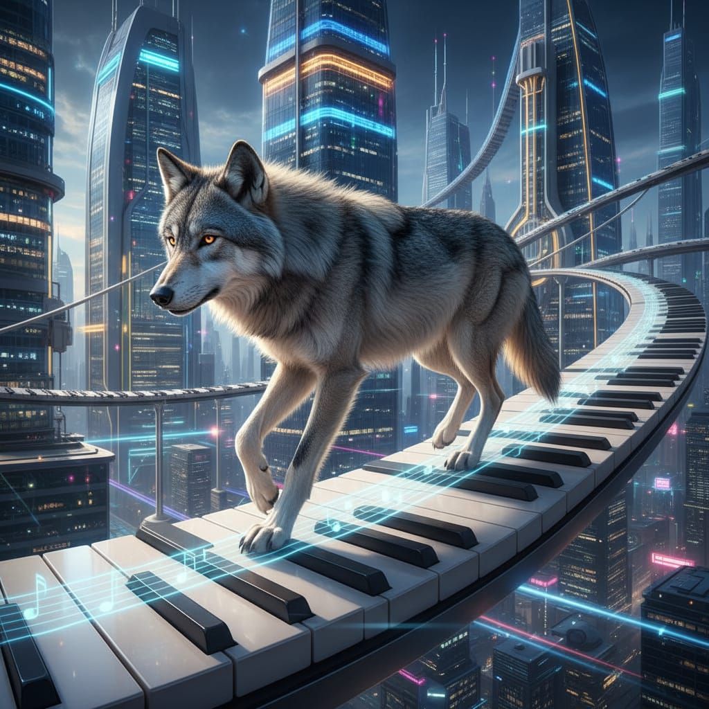 Wolf on Piano Key Bridge in Neon City