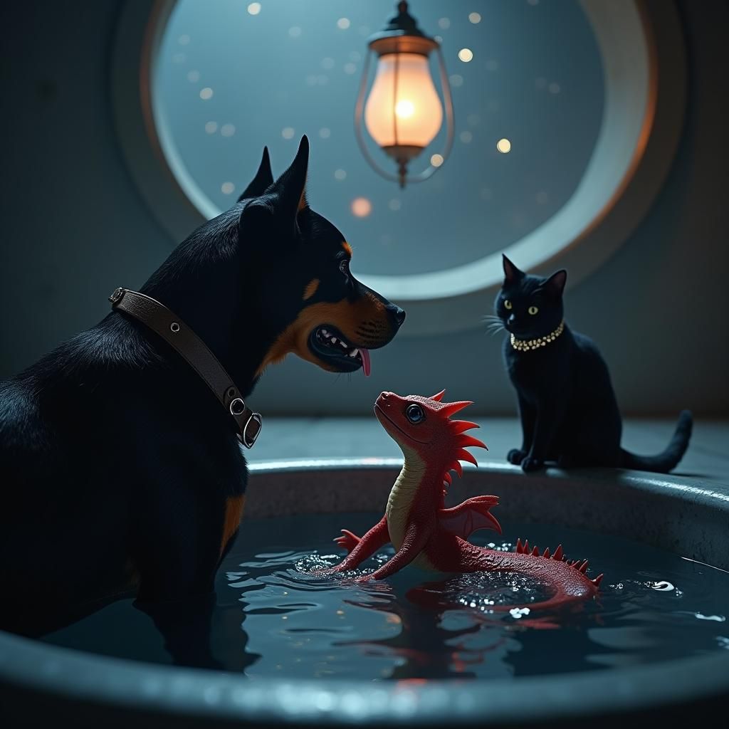 Rottweiler and Cat Bathe Baby Dragon
