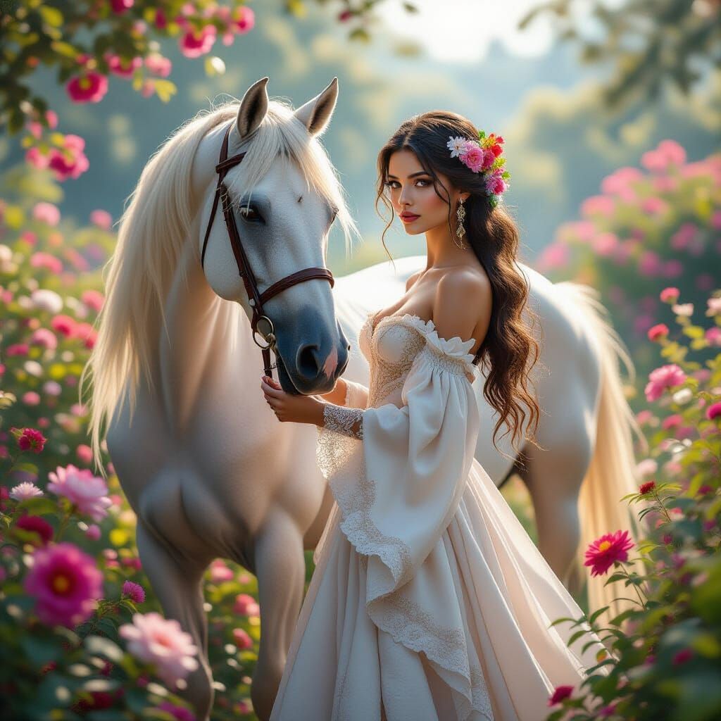 A beautifully dressed woman with long, flowing hair adorned with flowers stands beside a majestic white horse. The scene...