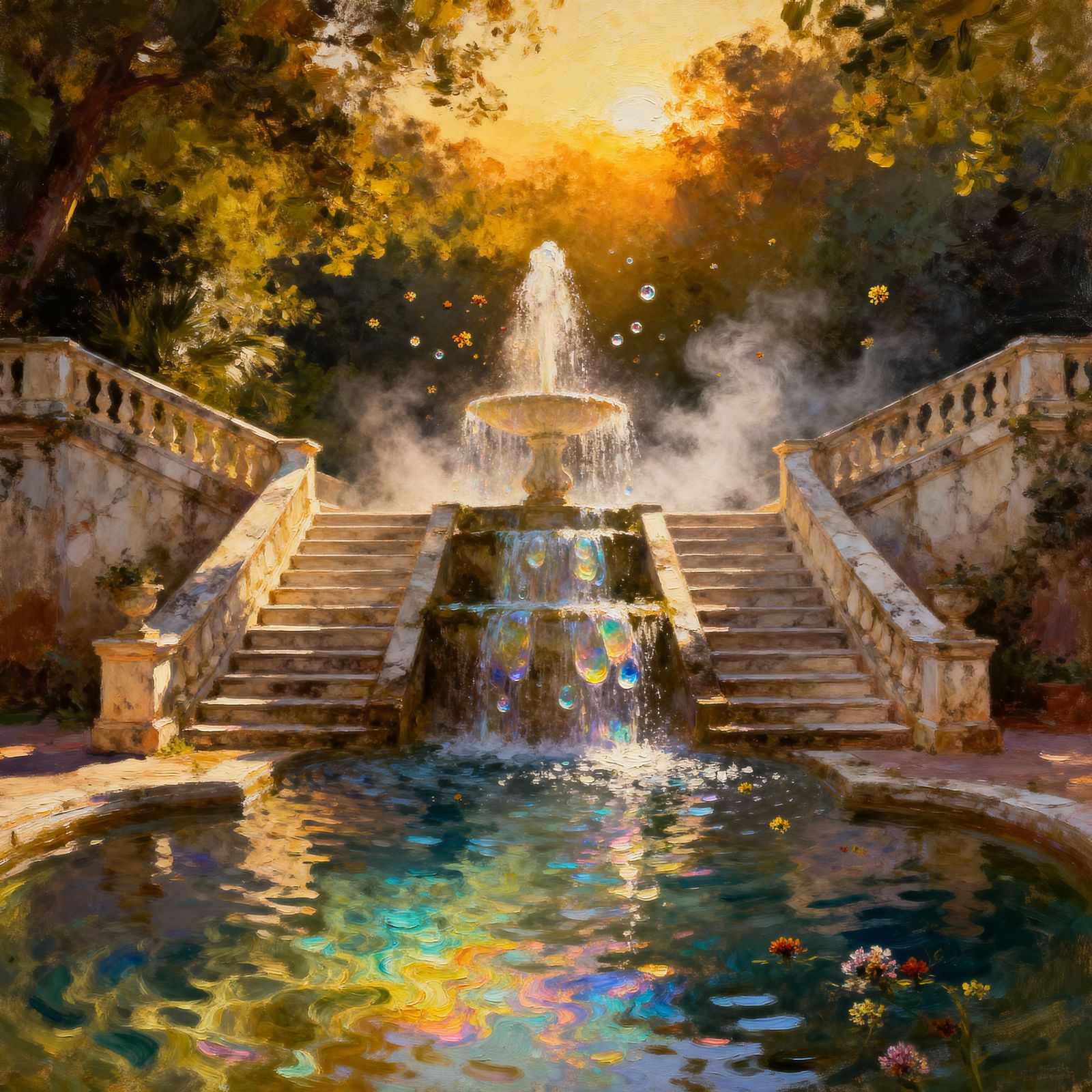 Epic Oil Painting of Stairs Leading to Summer Fountain