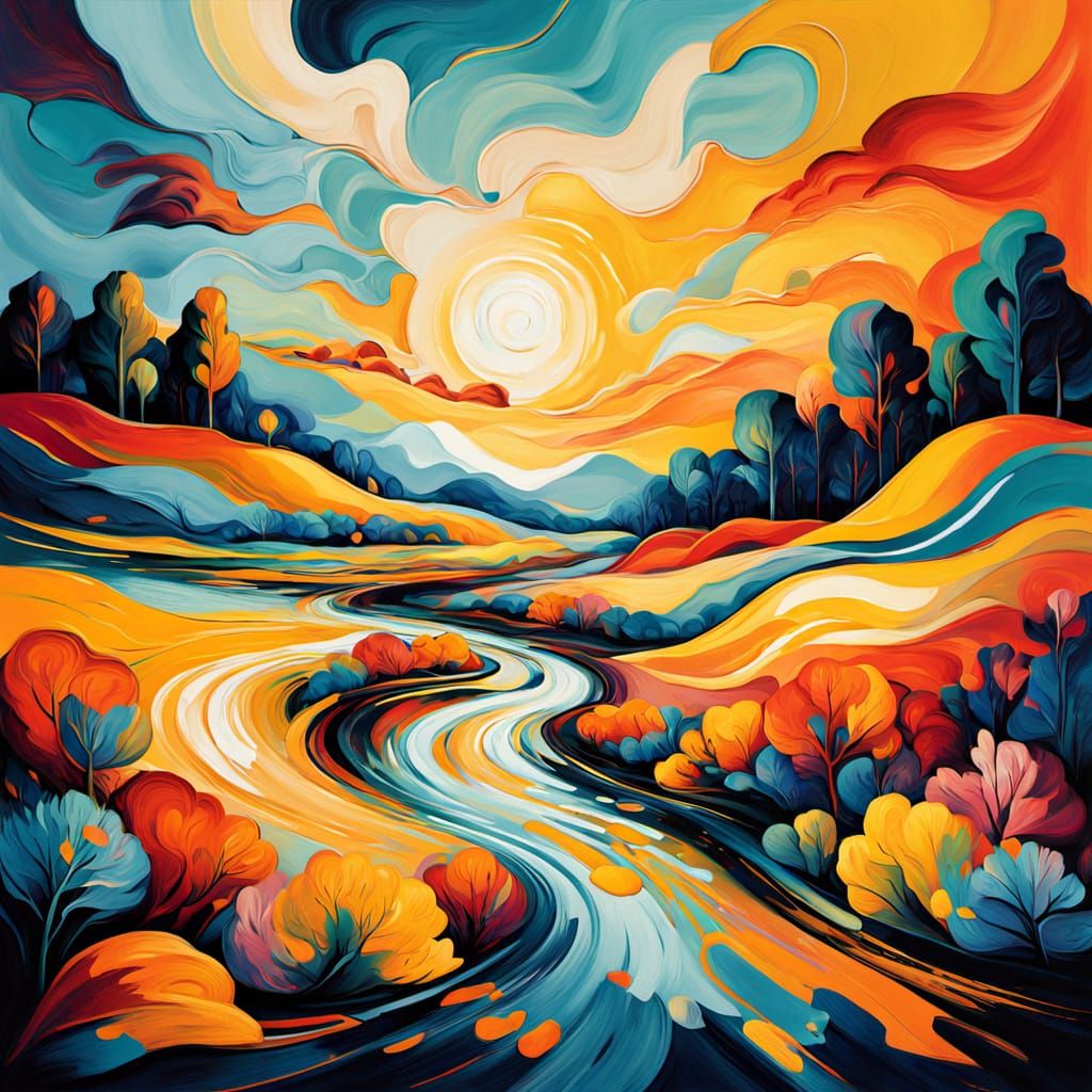 Vibrant Cubist Abstract Oil Painting in Surrealist Landscape