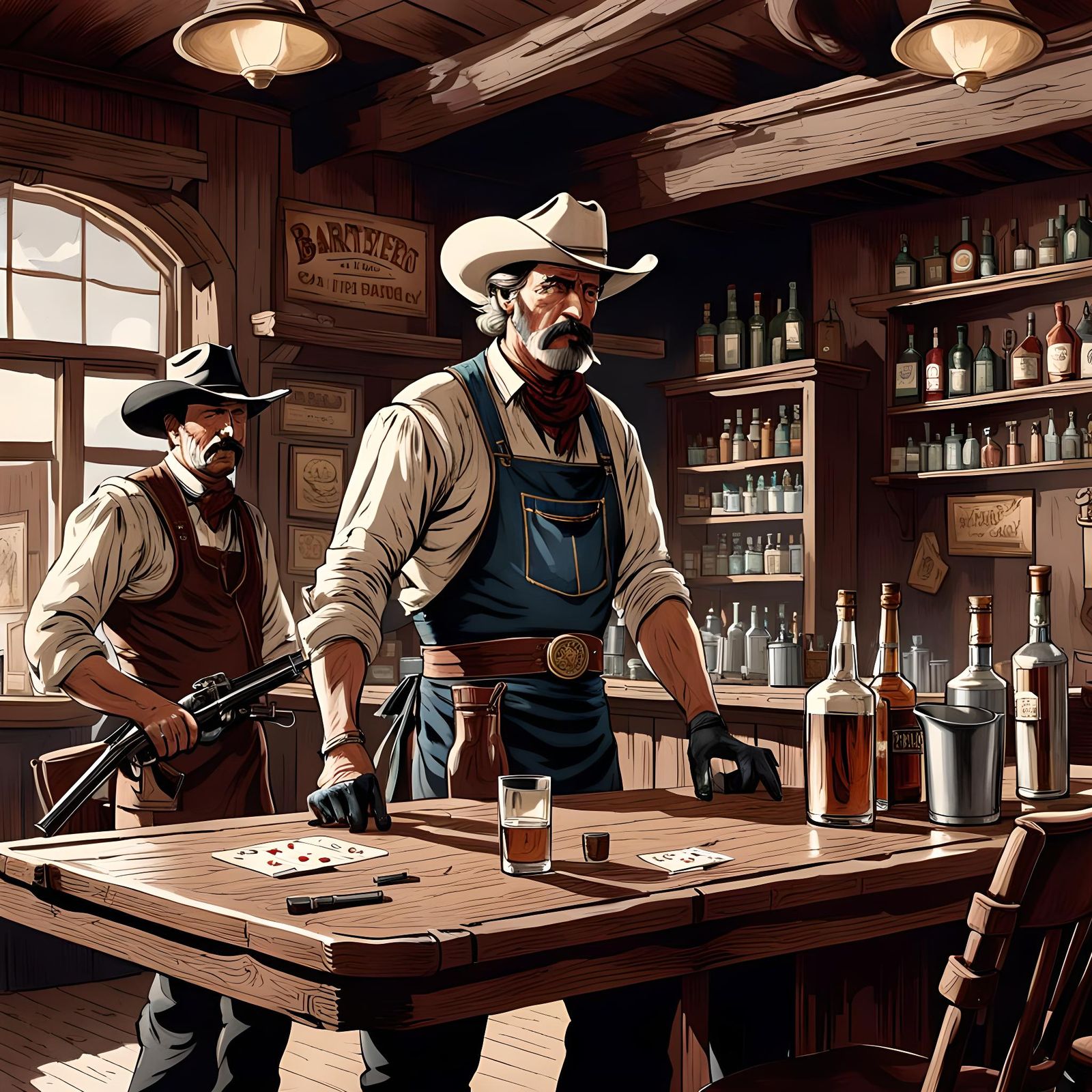 Old West Saloon Standoff with Armed Bartender
