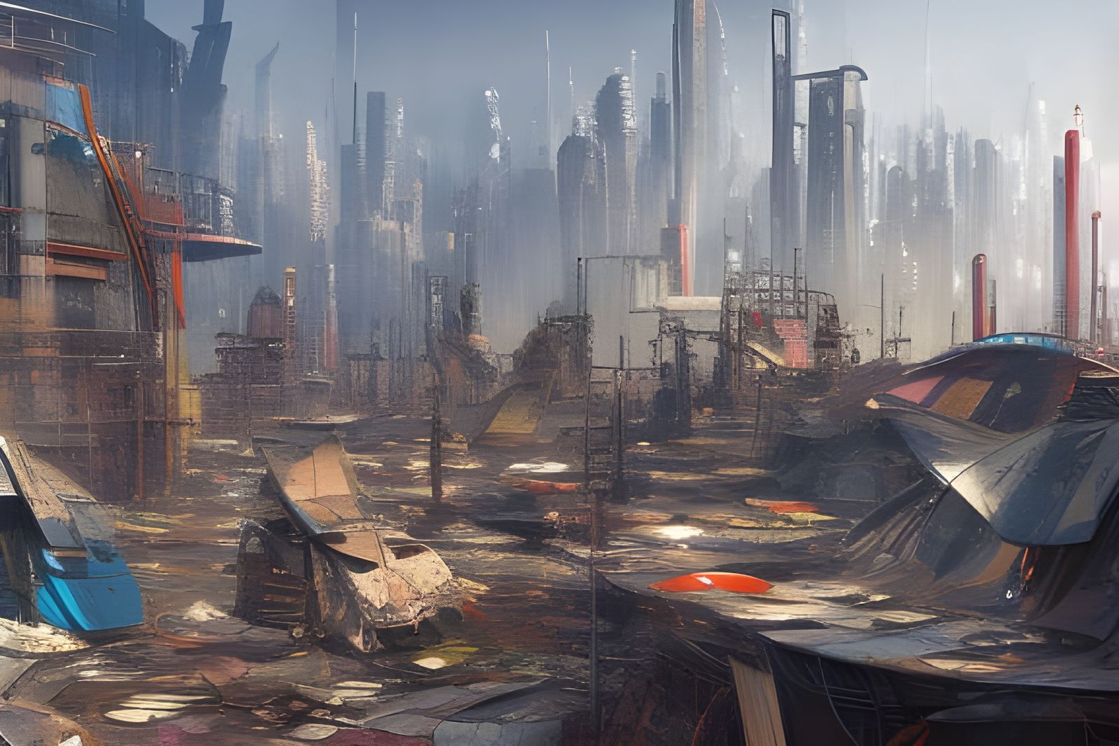 Dystopian Slum Contrasted Against Utopian Cityscape