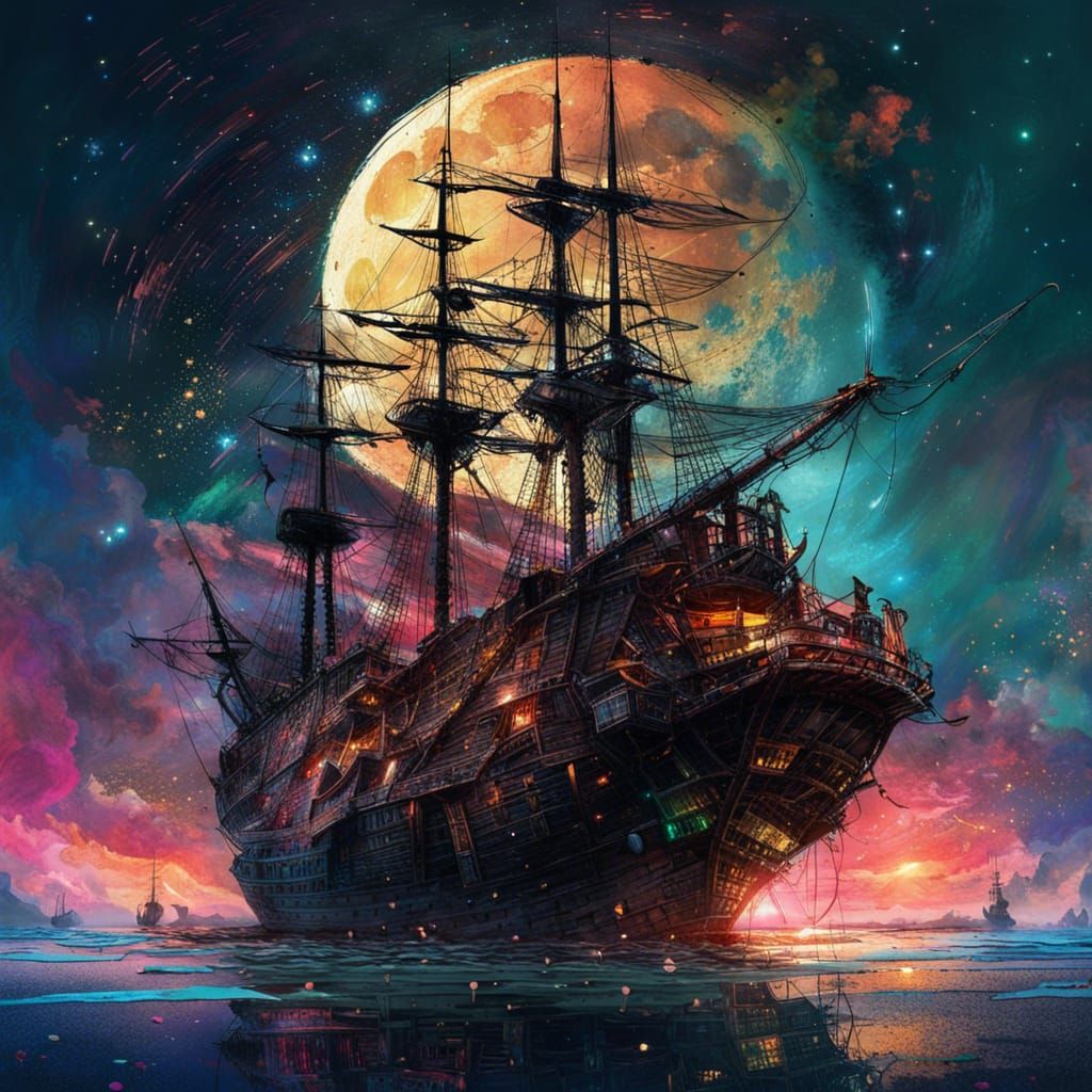 Pirate Ship Sails in Space Under Moonlit Sky