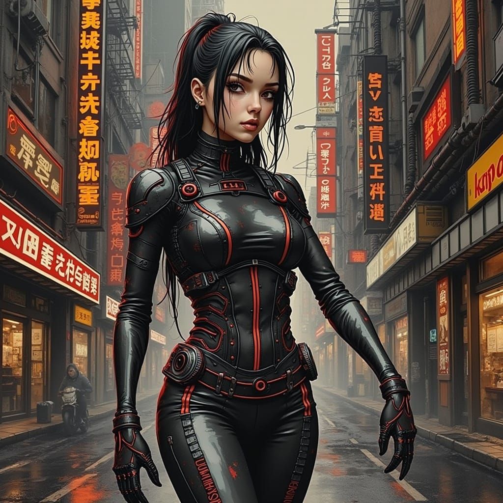 Corroded-Biotech Cyborg Girl in Organic-Cyberpunk Cityscape