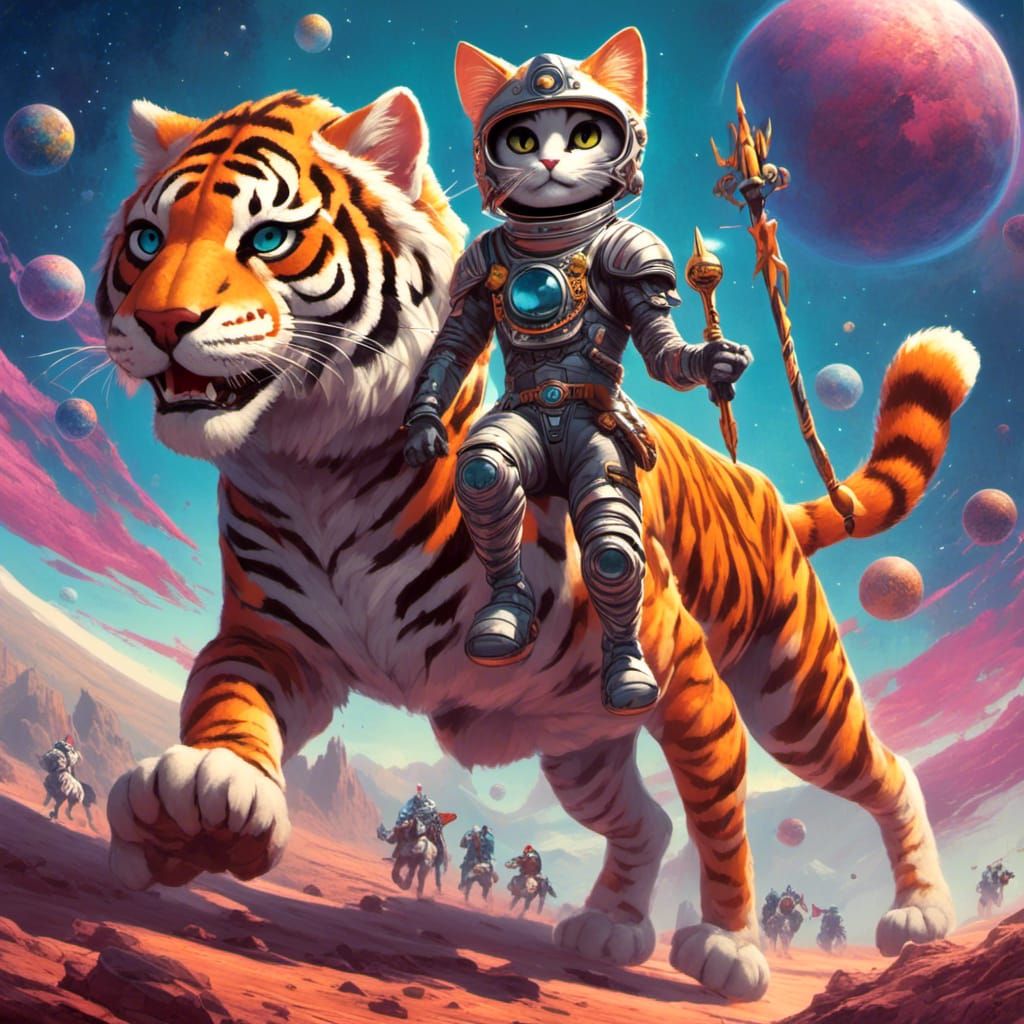 <lora:DDM4:1.0> An anthropomorphic racing  cat  knight wearing a spacesuit ,  holding a trophy, riding a huge   tiger  o...