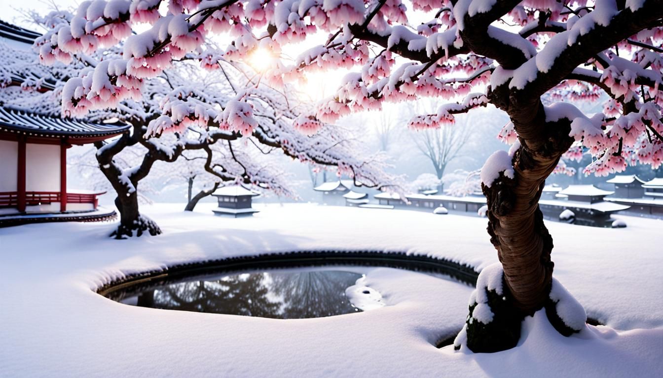 Snowy Japanese Zen Garden in Soft Focus
