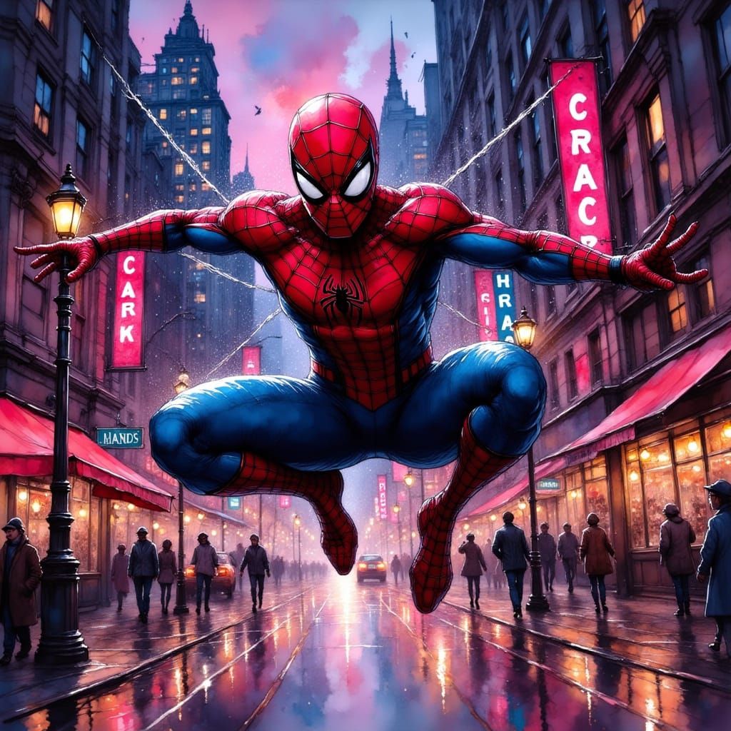 Spider-Man Swings Through Twilight NYC Skyline