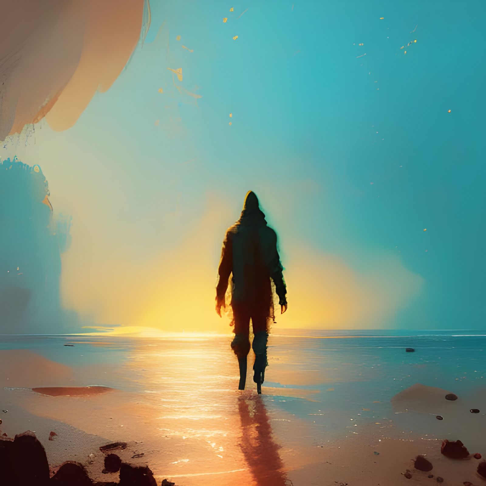 Orange Cloaked Man at Sunset: Colorful Matte Painting