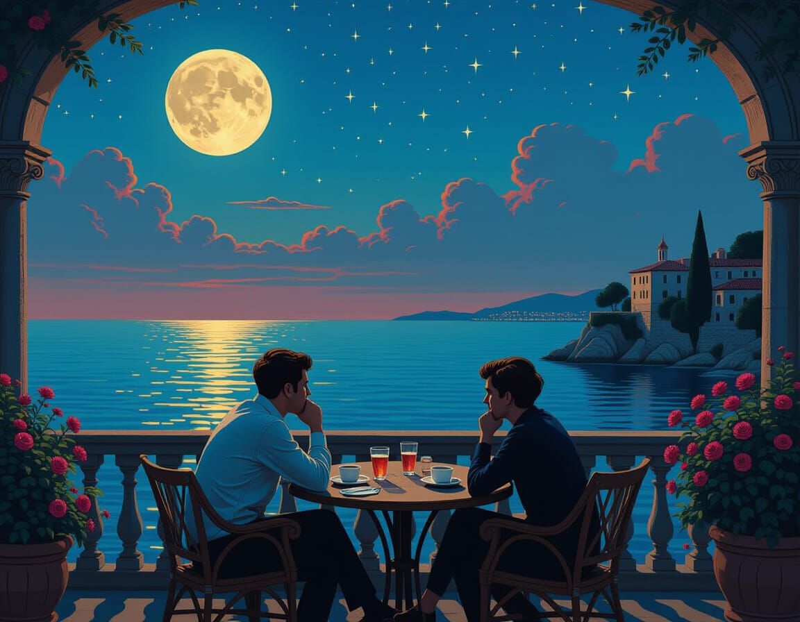 Italian Friends Enjoying Coffee Under Pink Moon