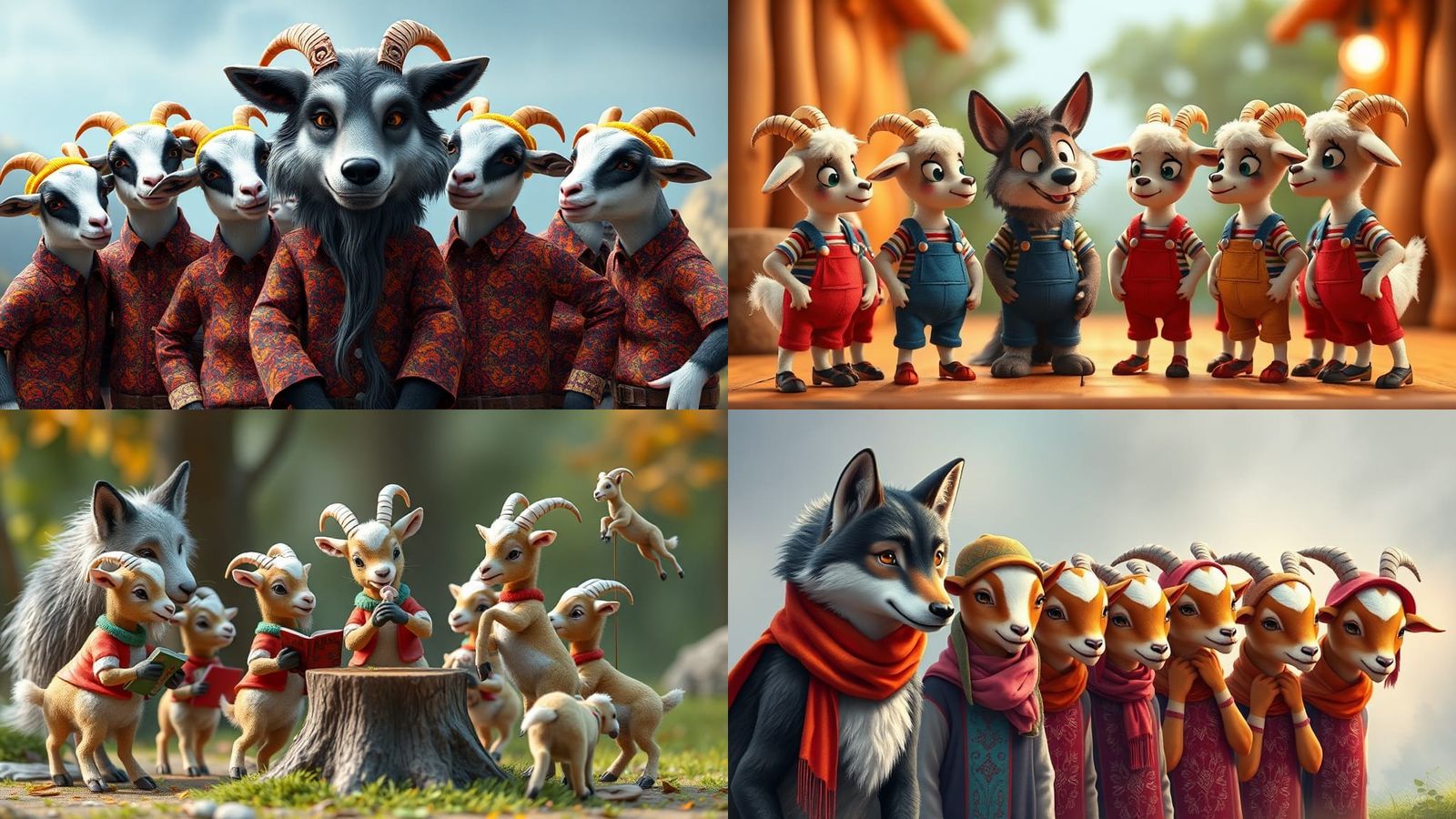 Wolf and Goats in Pixar Style 3D Cartoon