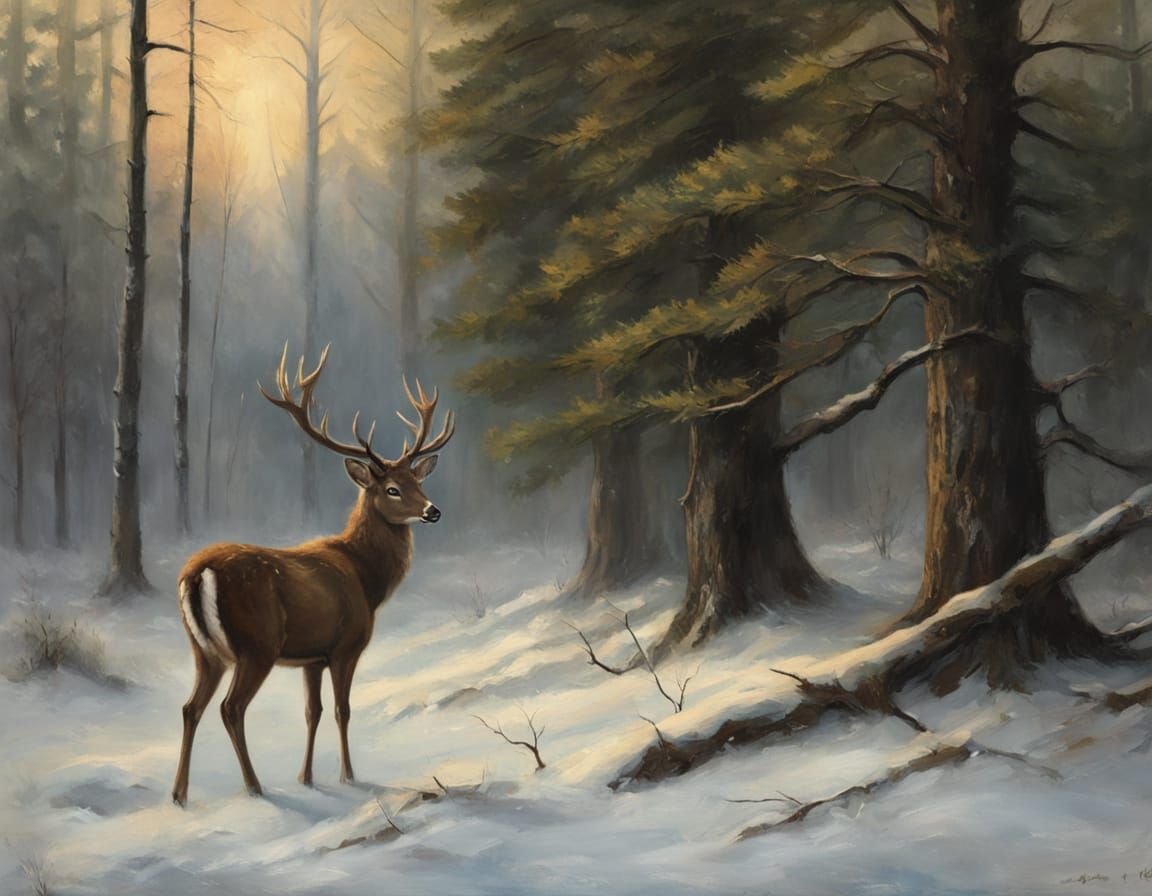 Deer in Winter Forest: An Oil Painting