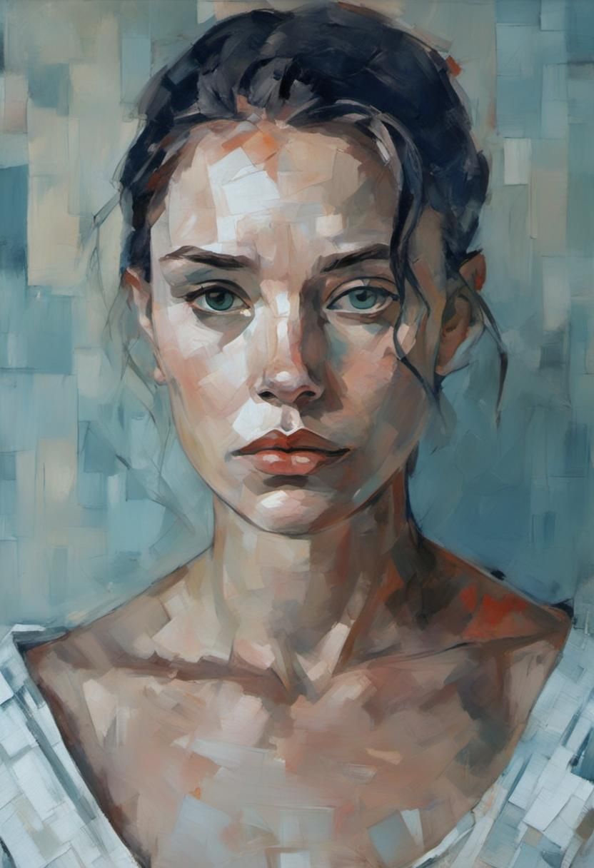 Melancholic Female Portrait in Cubist Style