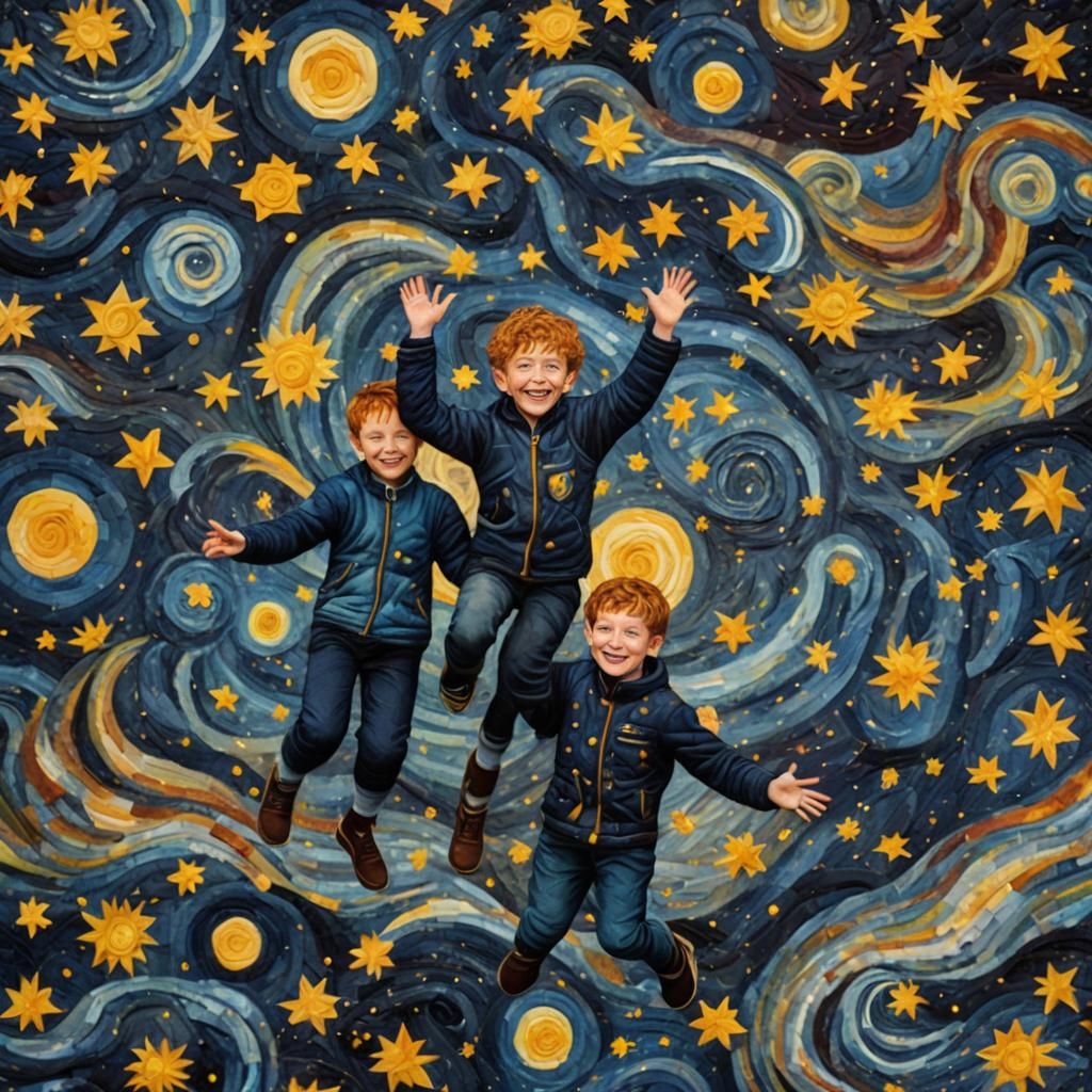 Boys High Five in Starry Sky: 3D Quilt Art