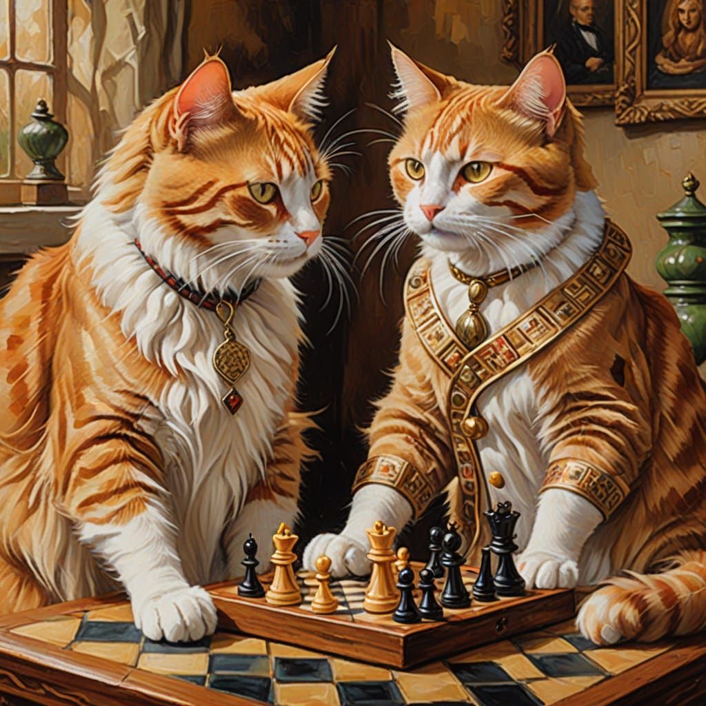 Cats Play Chess in Whimsical Oil Painting Style