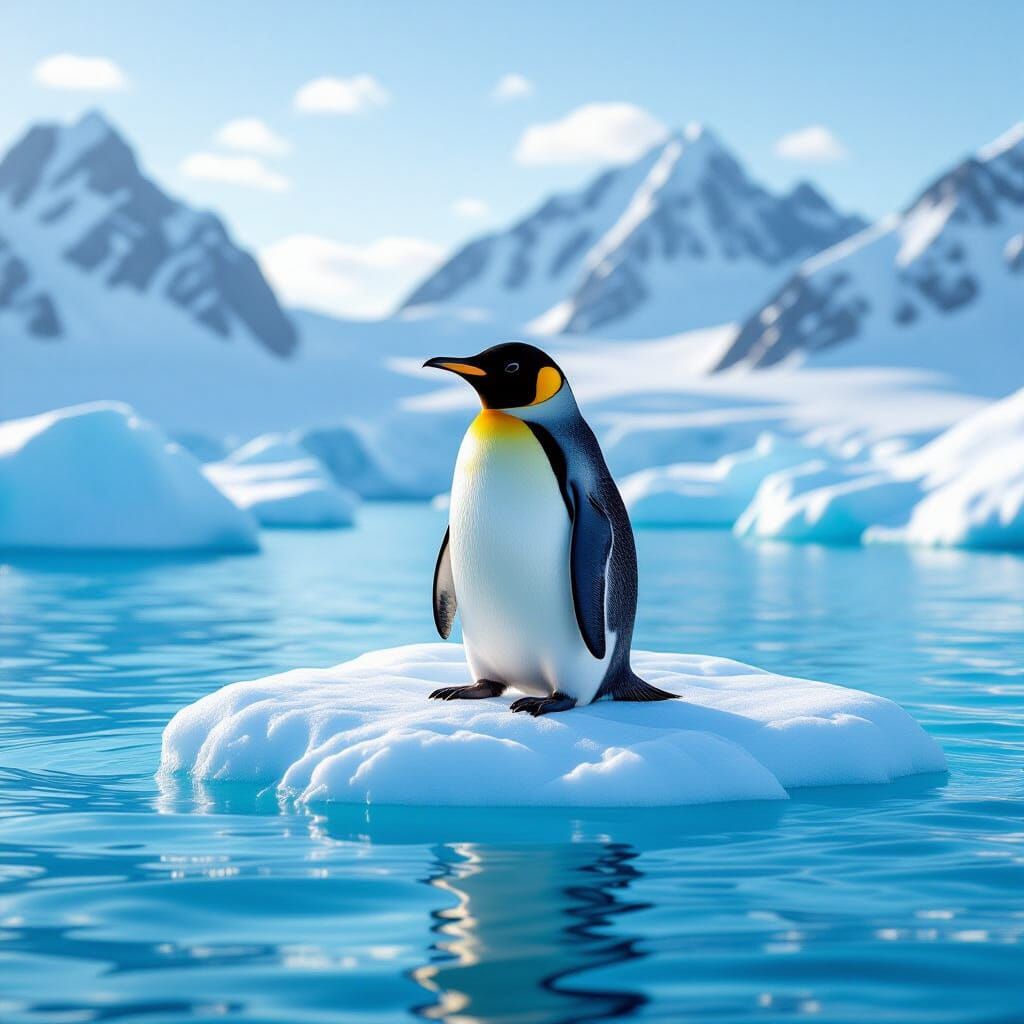 Penguin on Iceberg in Golden Sunlight, Realistic Cinematic S...