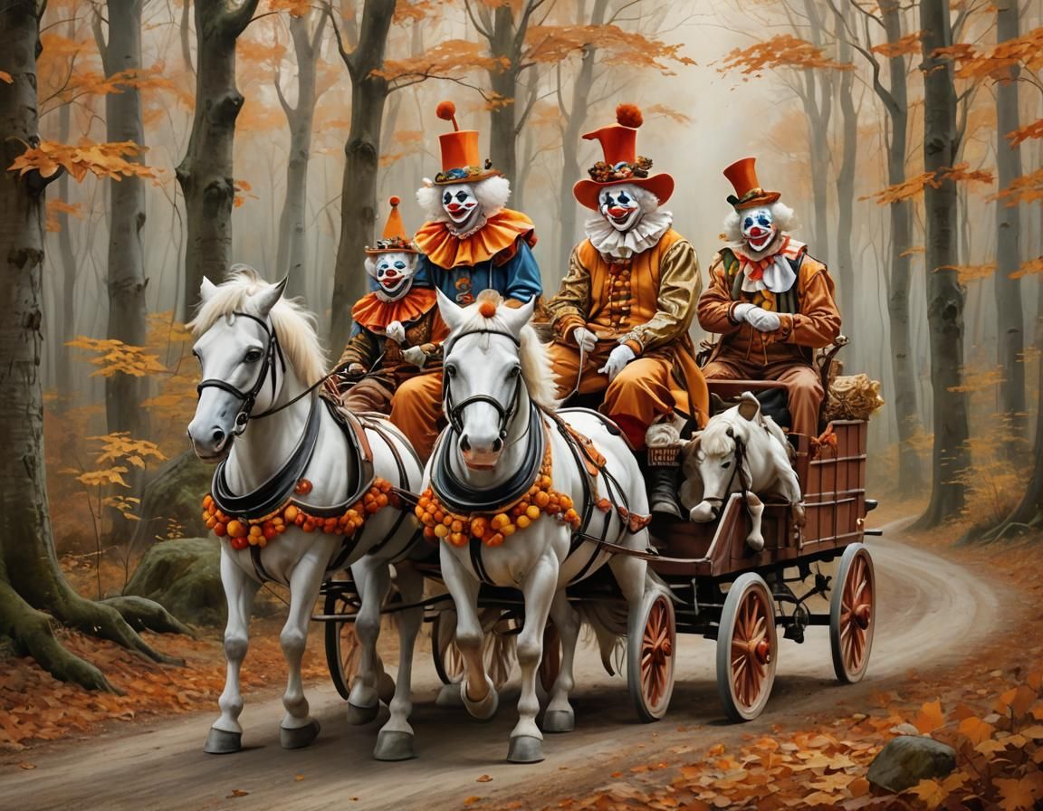 Clowns' Autumn Journey in Enchanted Forest