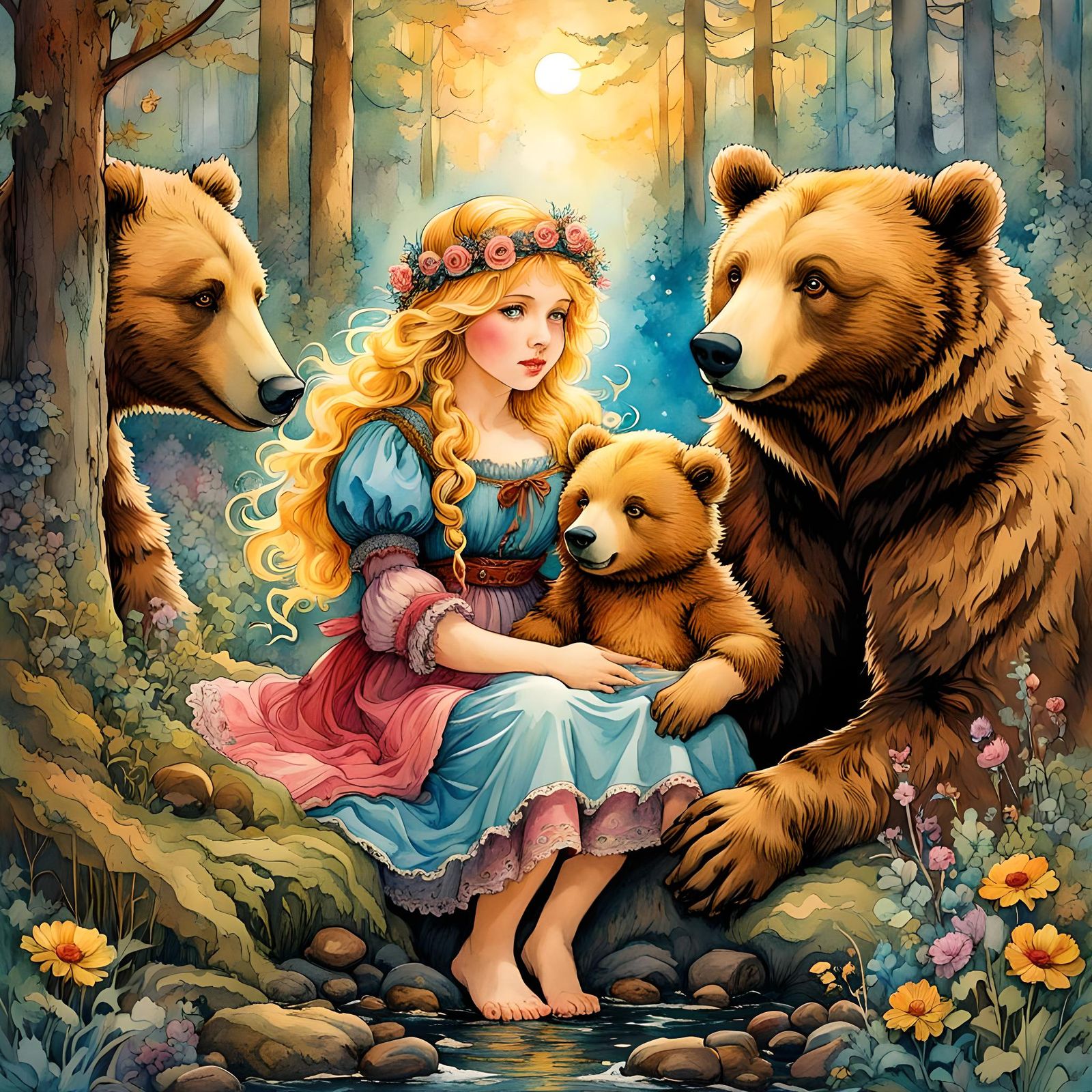 Goldilocks and the Three Bears: Watercolor Illustration