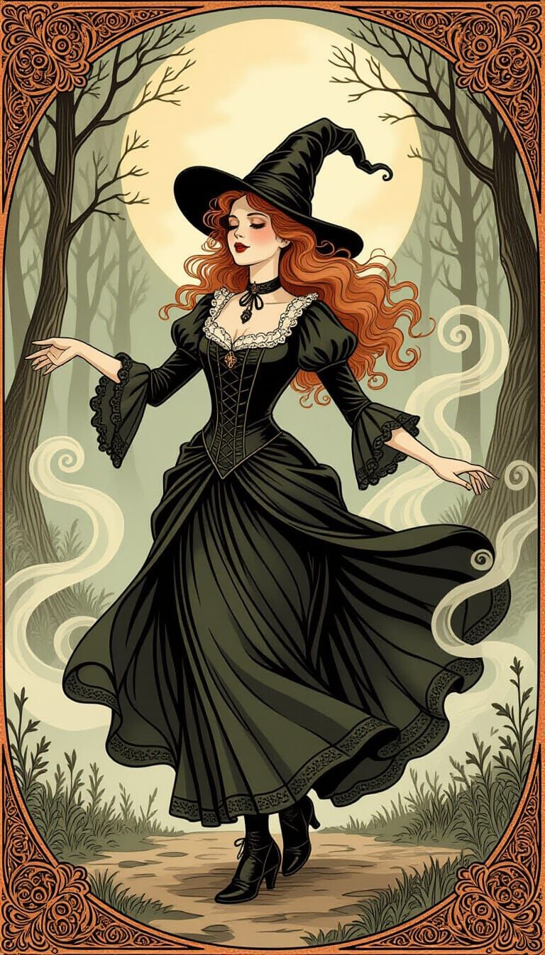 Cat Witch Dances in Mystical Forest, Fairy Tale Style