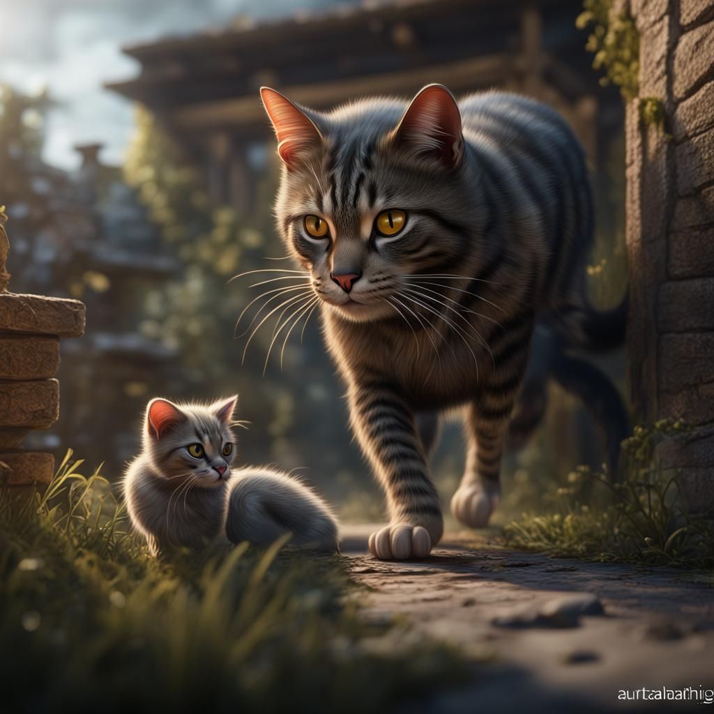 Feral Cat Stalking Mouse: Ultrarealistic Matte Painting