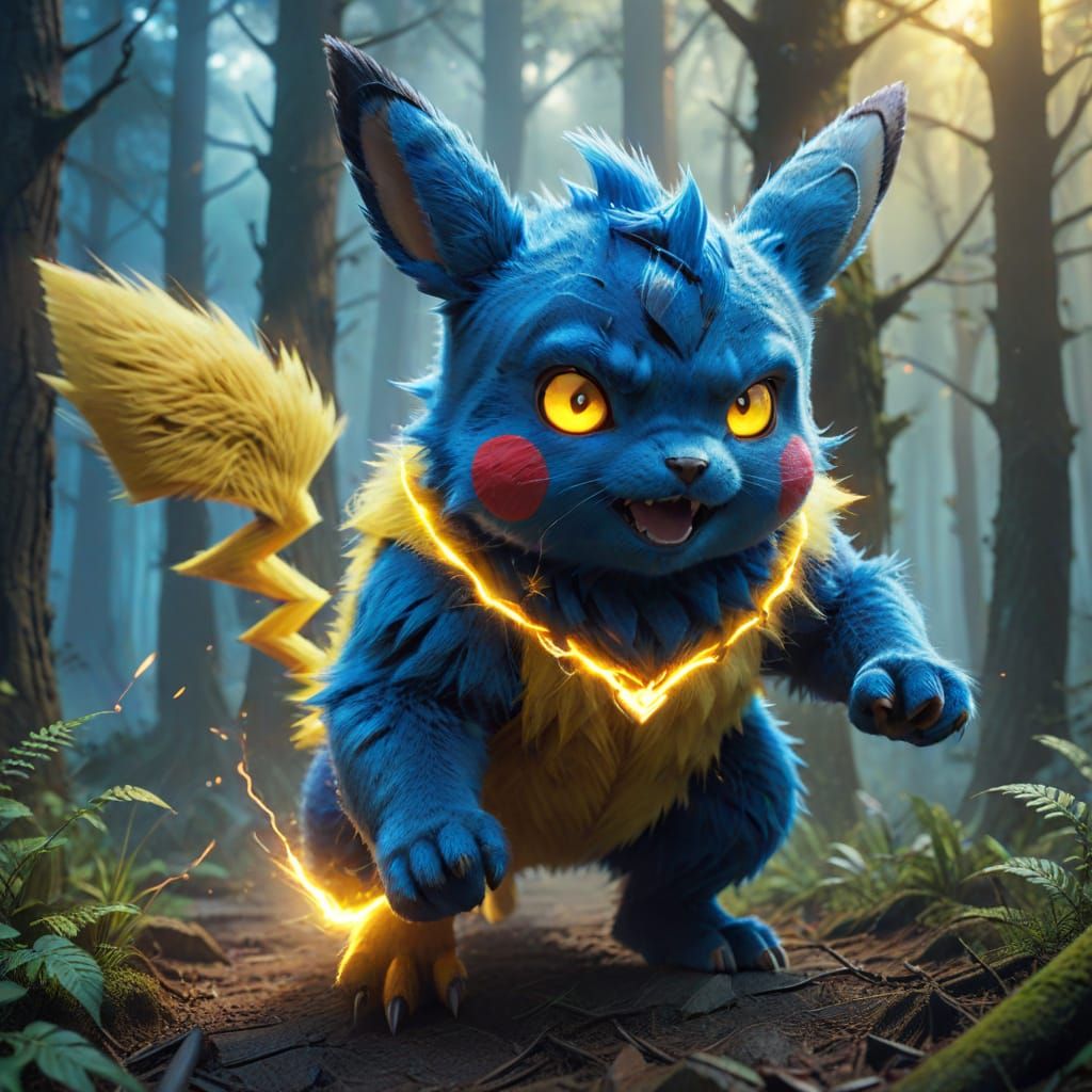 Electric Blue WerePikachu Runs Through Misty Forest