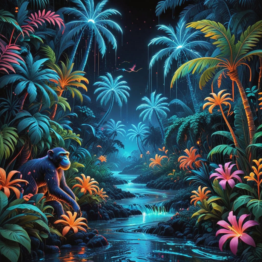 Electric Jungle Scene with Glowing Monkeys and Neon River