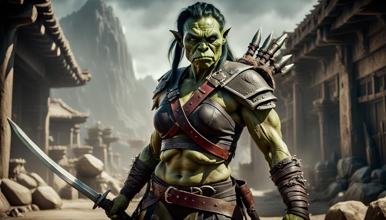 Female Orc Warrior with Gunswords in Cinematic Style