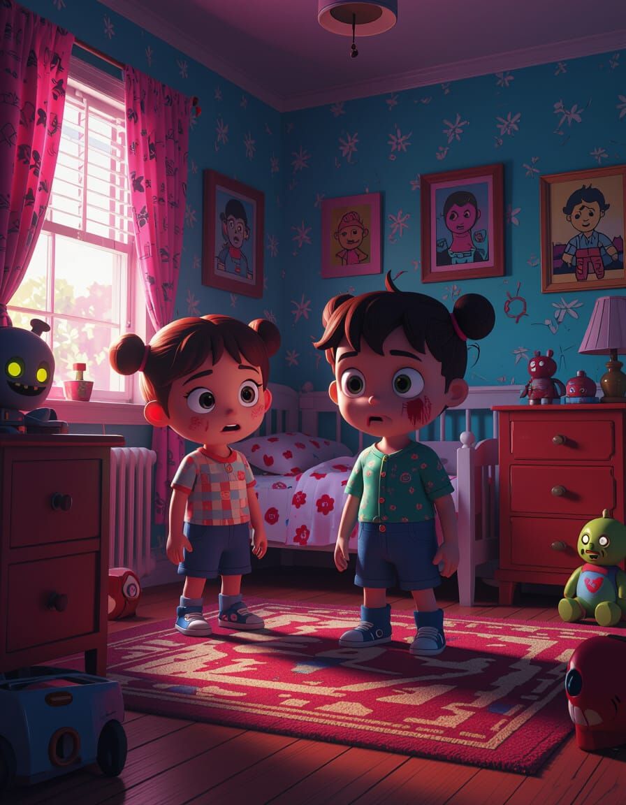 Cartoon Kids in Horror Rooms: Digital Art