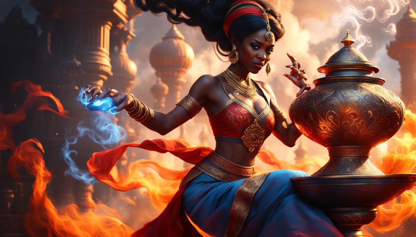 Black Female Genie Emerging from Magic Lamp