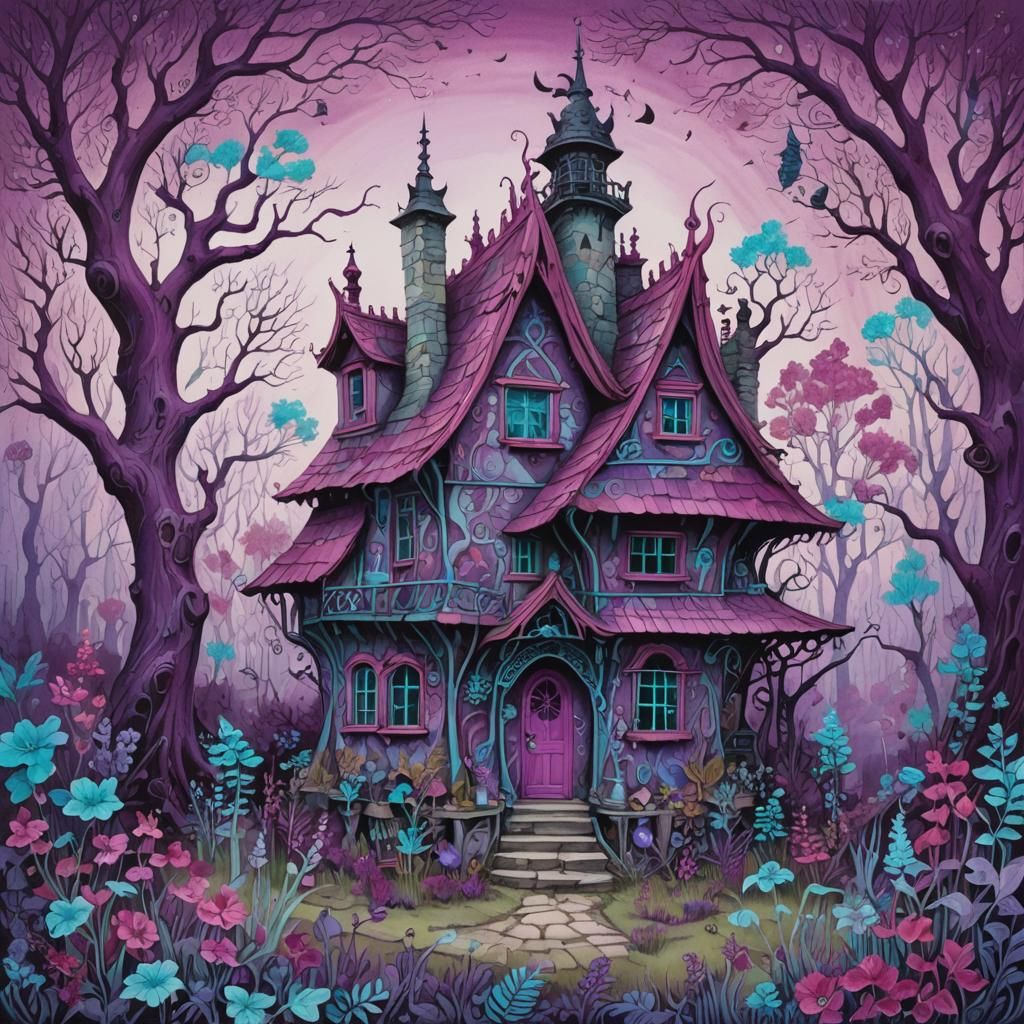 Intricate Purple Witch's House Gouache Painting