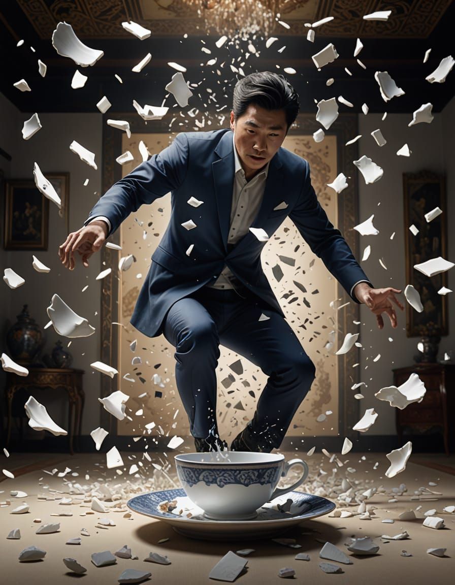 Man Falling Amidst Shattering Fine China