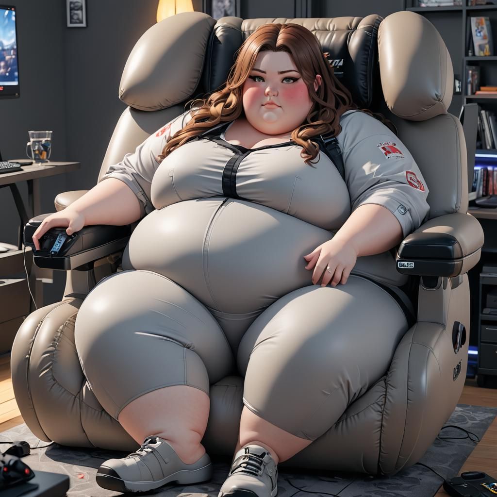 Plus-Size Gamer on Gaming Chair in 3D Anime Style