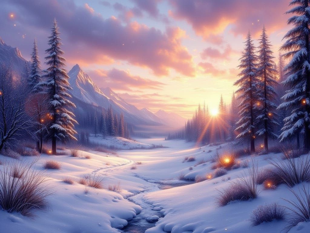 Snowy Landscape at Dawn with Ethereal Light