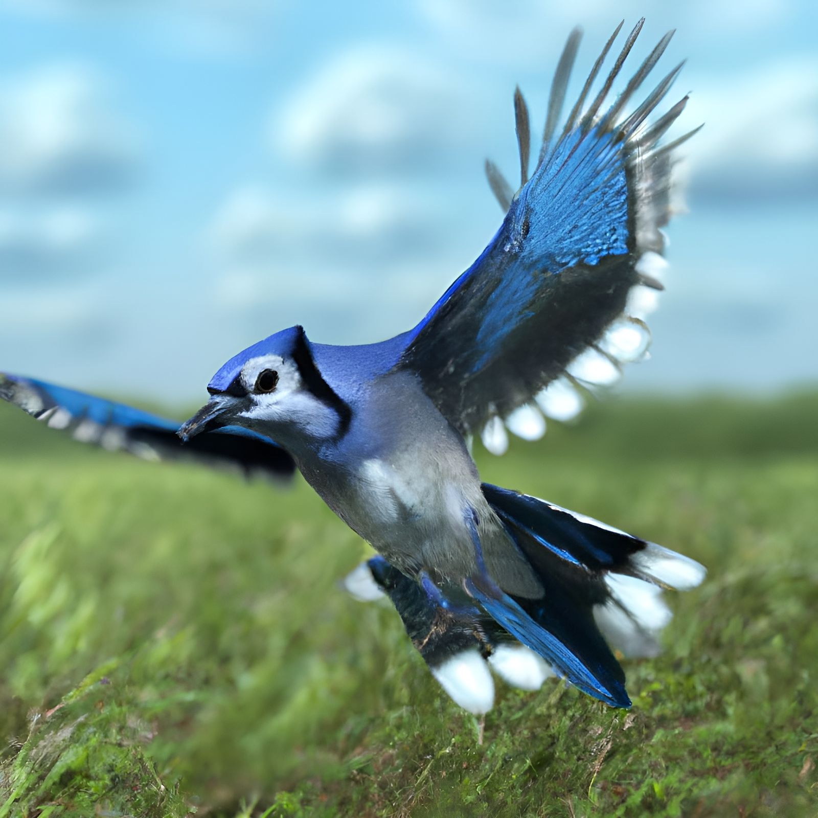 Blue Jay in Flight: Impasto Hyperrealism Landscape