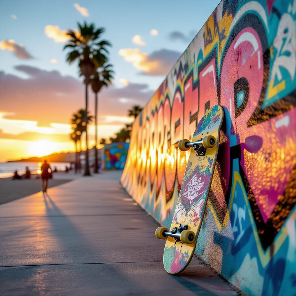 Skateboard Art at Sunset: Photorealistic Seaside Scene