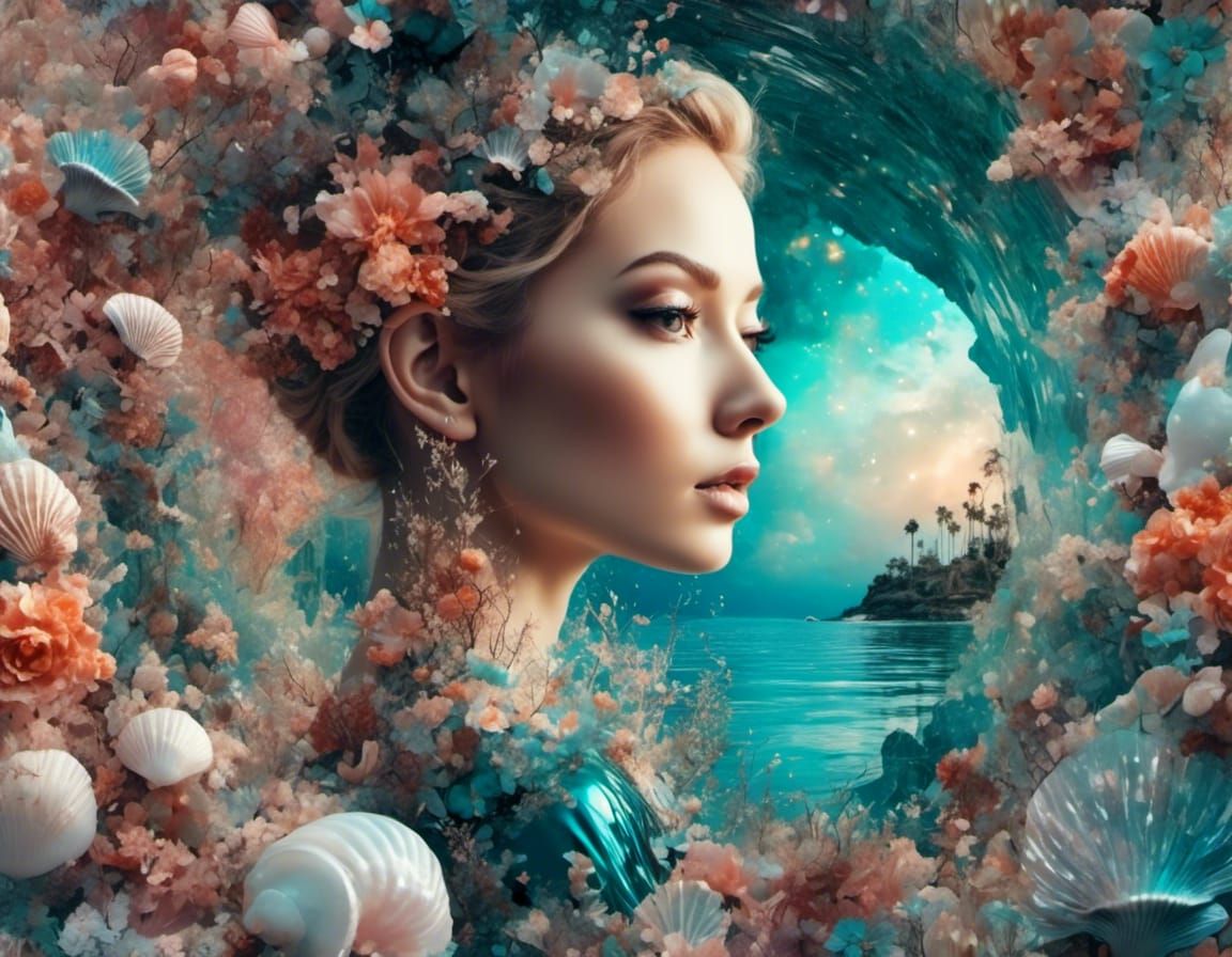 Rainbow Mermaid Grotto in Glass Seashell