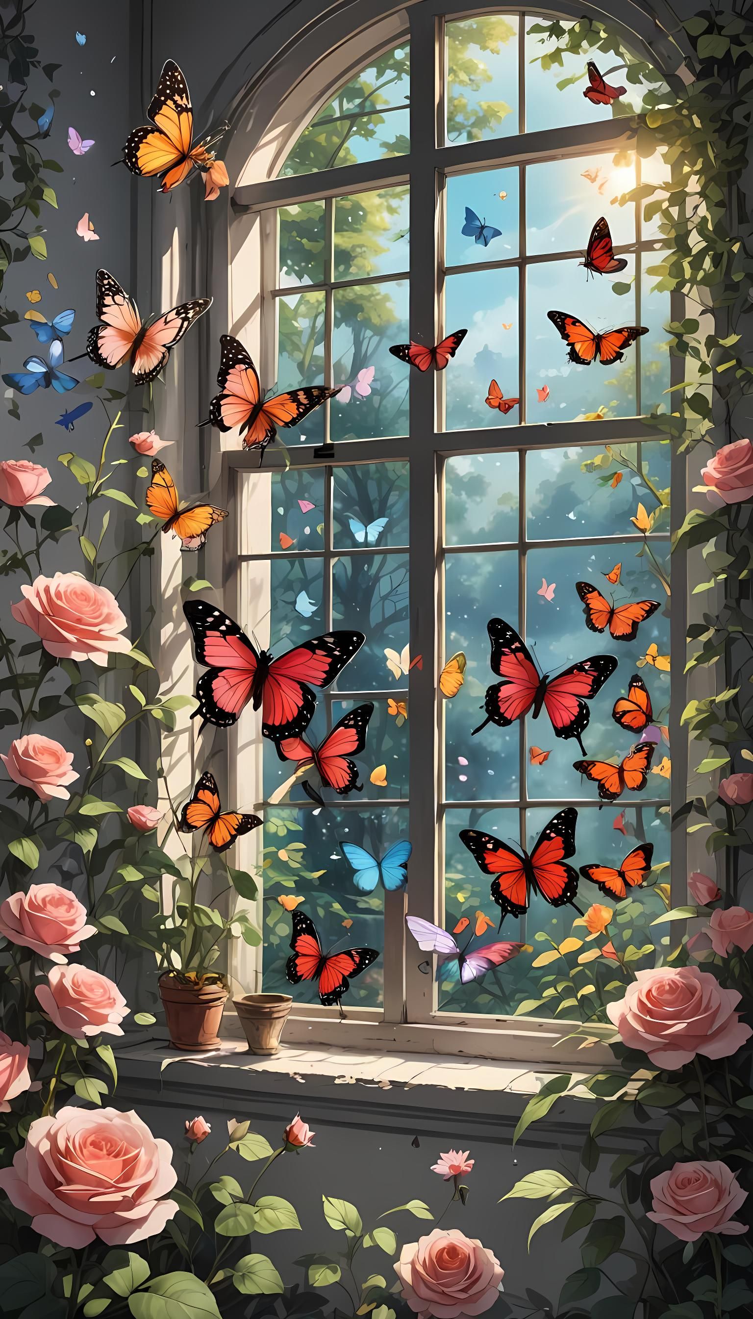 Anime Style Window with Butterflies Artwork