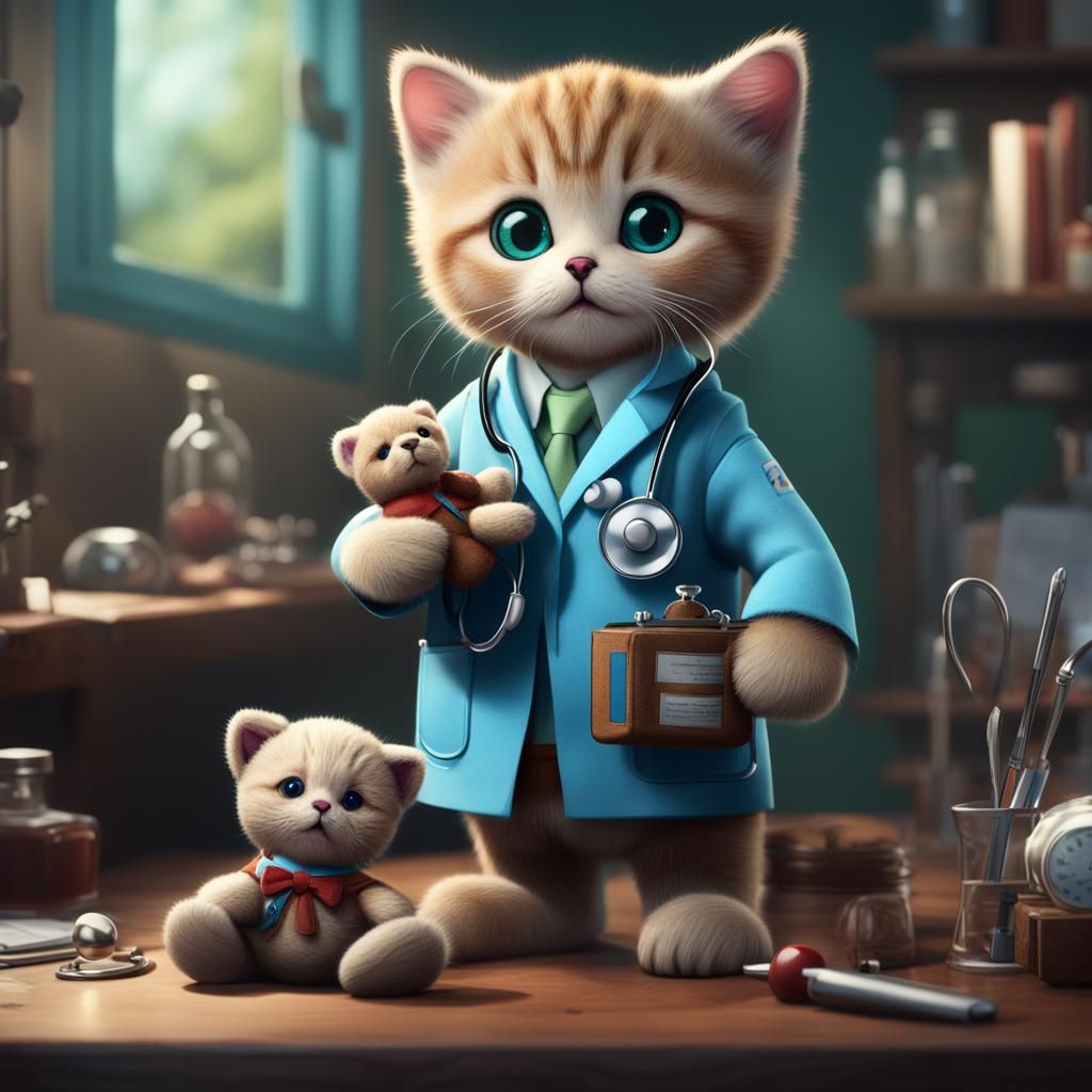 Kitten Doctor Checking Teddy Bear Patient