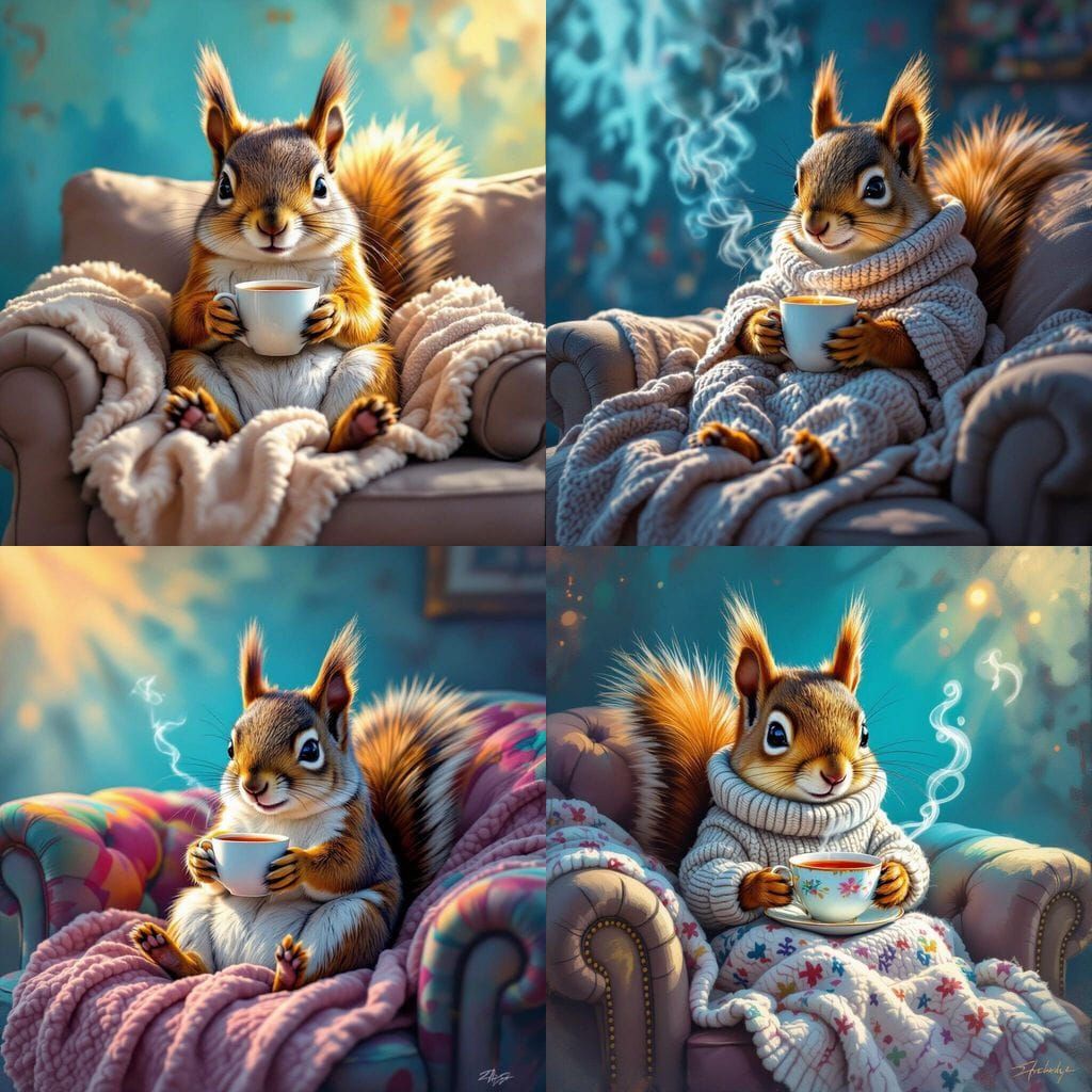 Cute Squirrel Enjoys Tea on Sofa in High Contrast Art Style