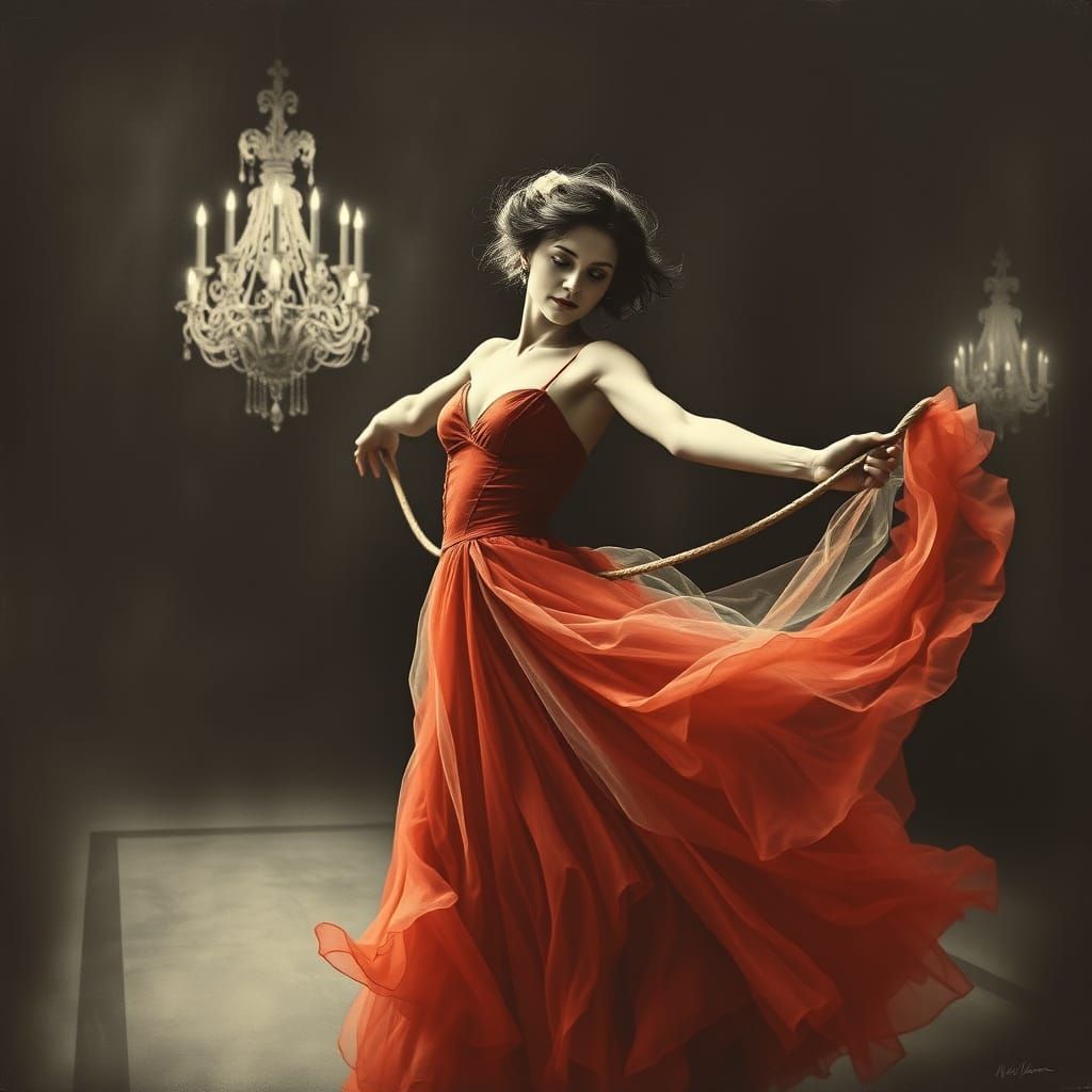 Ethereal Ballerina Dances with Rope in a Dark Monochromatic ...