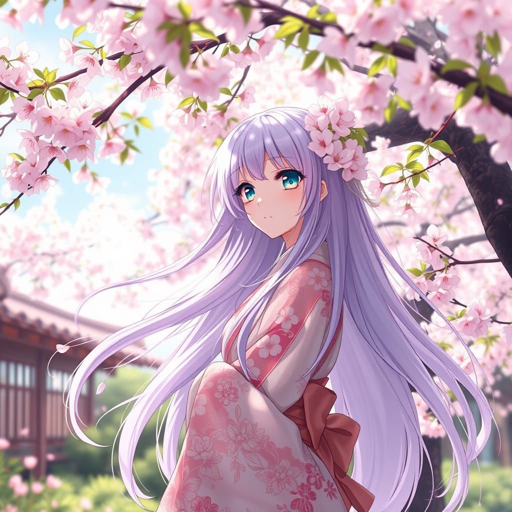 Anime Girl in Sakura Garden, WLOP Style Art