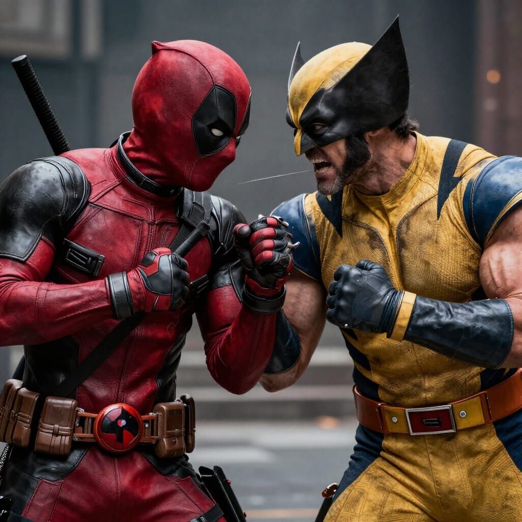 Deadpool Battles Wolverine in Cinematic Hyperrealism
