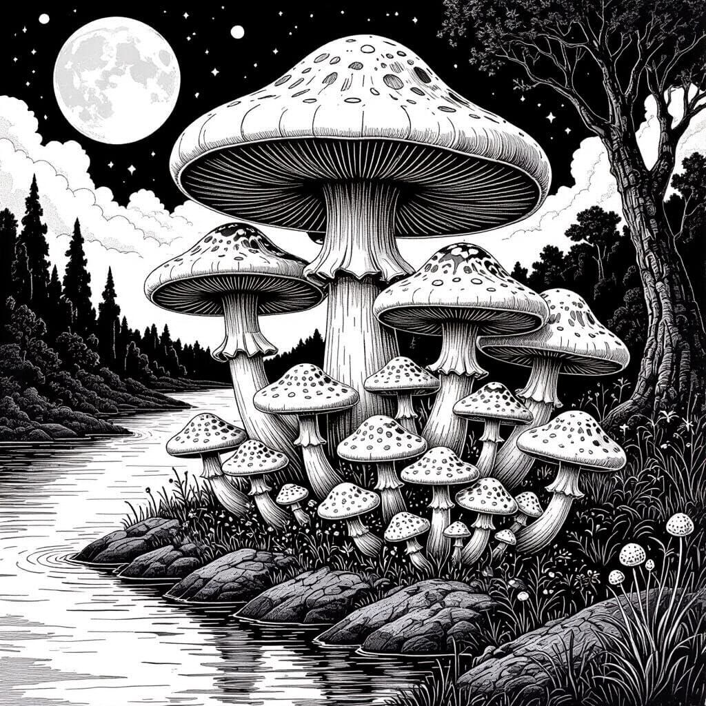 Fantastical Mushrooms in Engraving Style Illustration