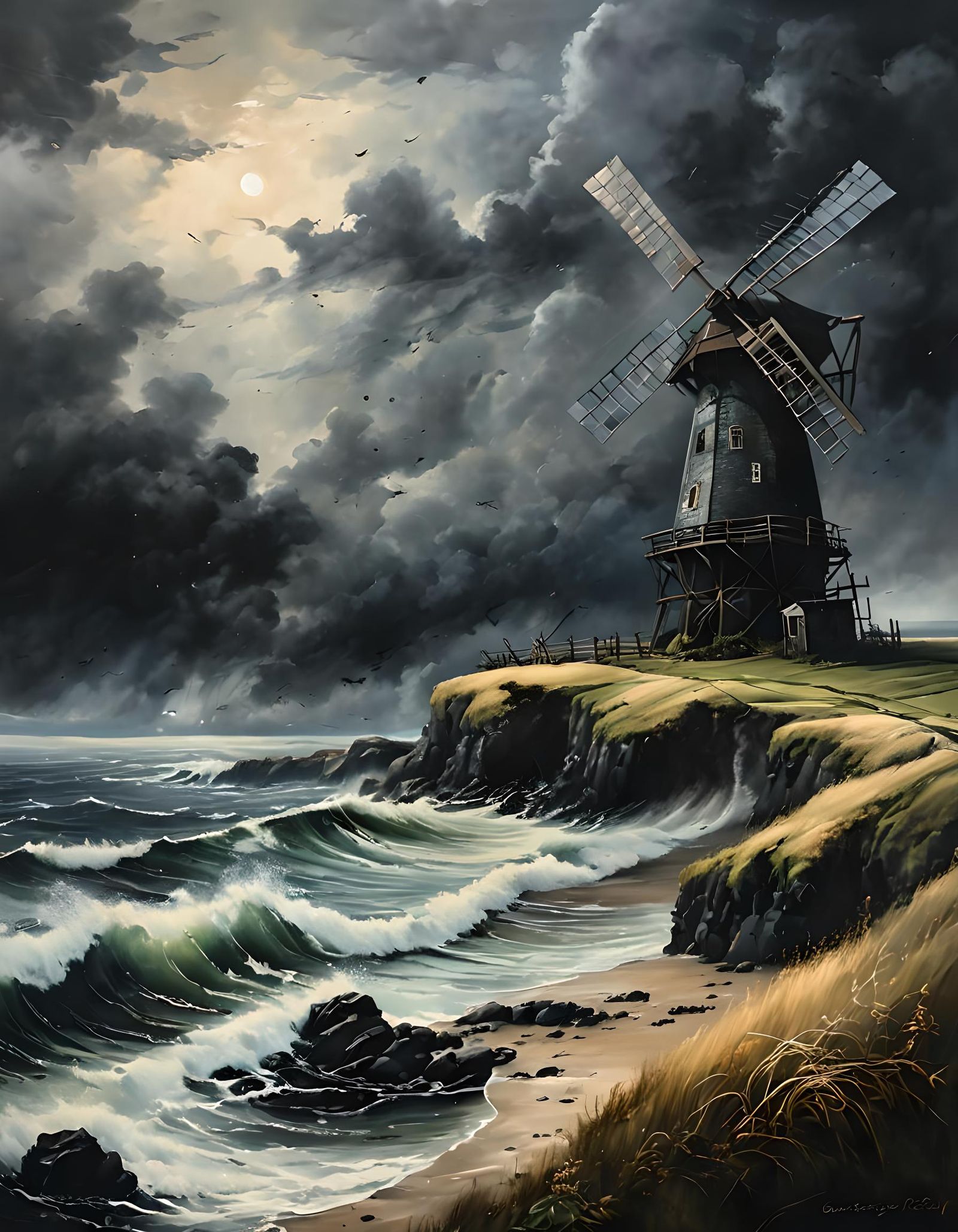Stormy Seascape with Broken Windmill in Moody Oil Painting S...