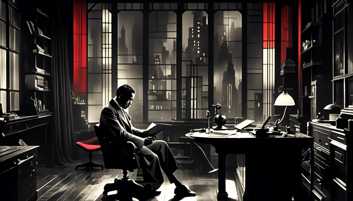 Noir Detective Office Scene with Refined Man