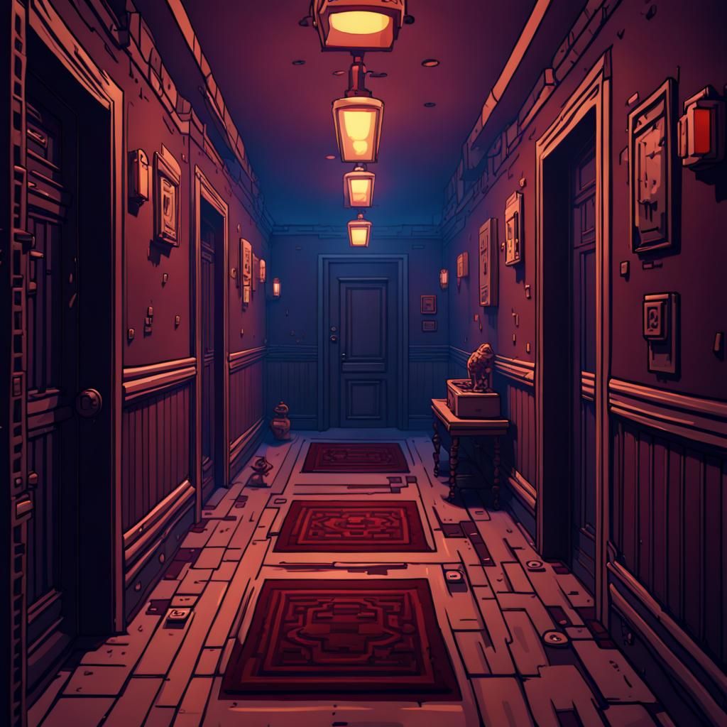 Scary Pixel Art Apartment Hallway in Dark Style