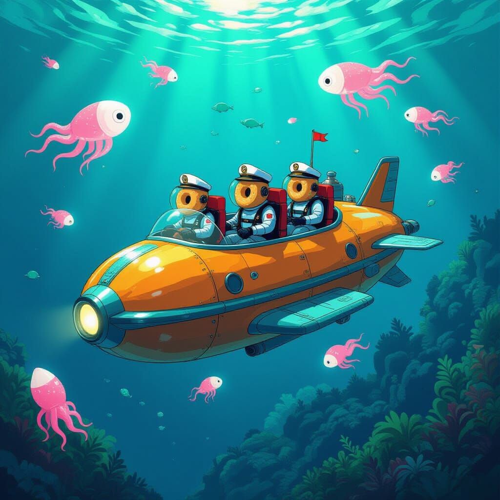 Donut Submarine Crew in Bioluminescent Trench, Ghibli Style