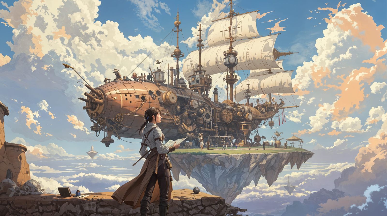 Steampunk Airship Navigator Amidst a Dreamlike Floating Isle