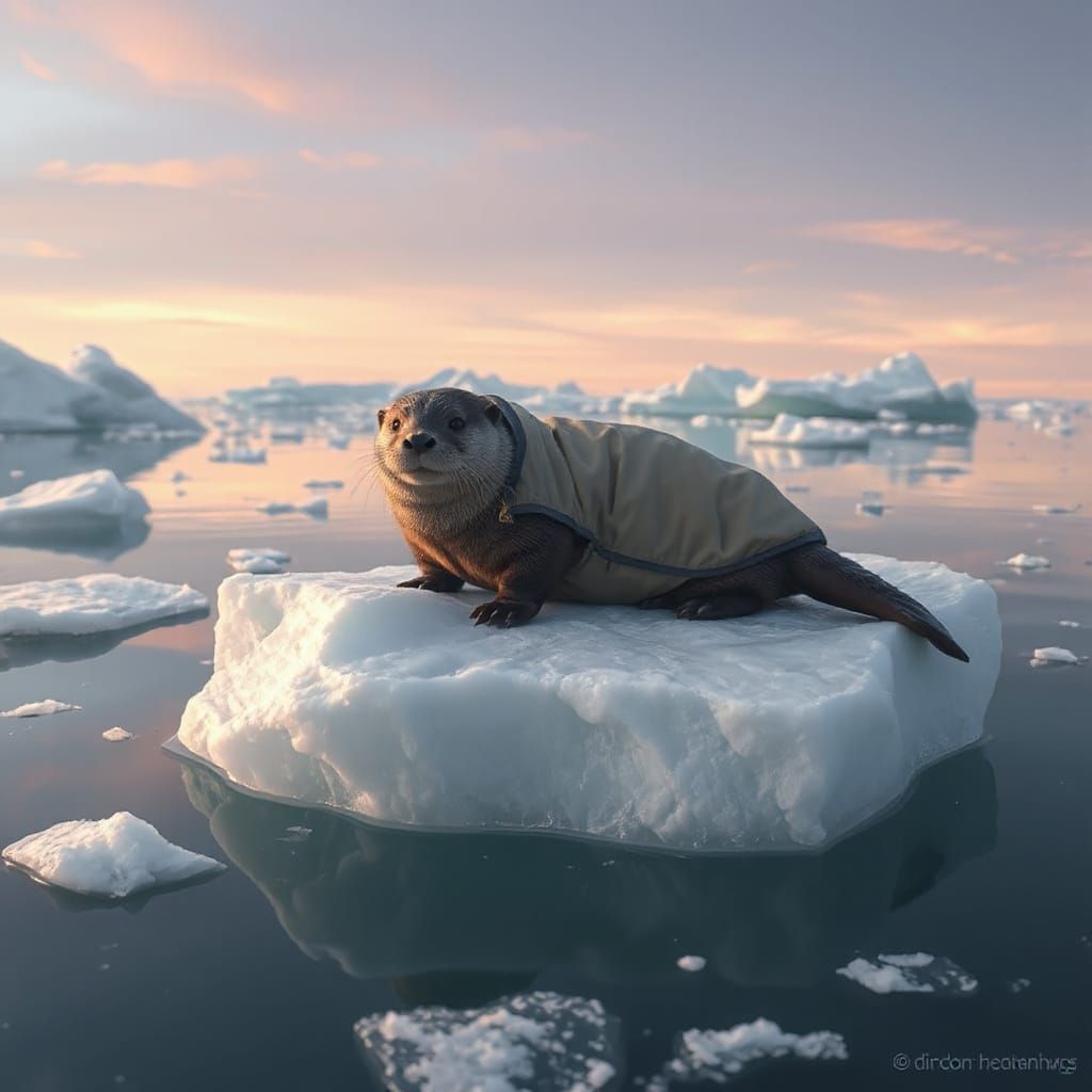 Otter on Serene Iceberg in Dreamy Watercolor Style